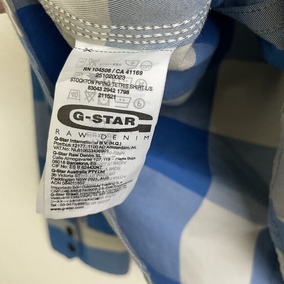 G-Star RAW Shirt Mens XL Blue Gray Plaid Button Up Western Pearl Snap Denim - Picture 12 of 12